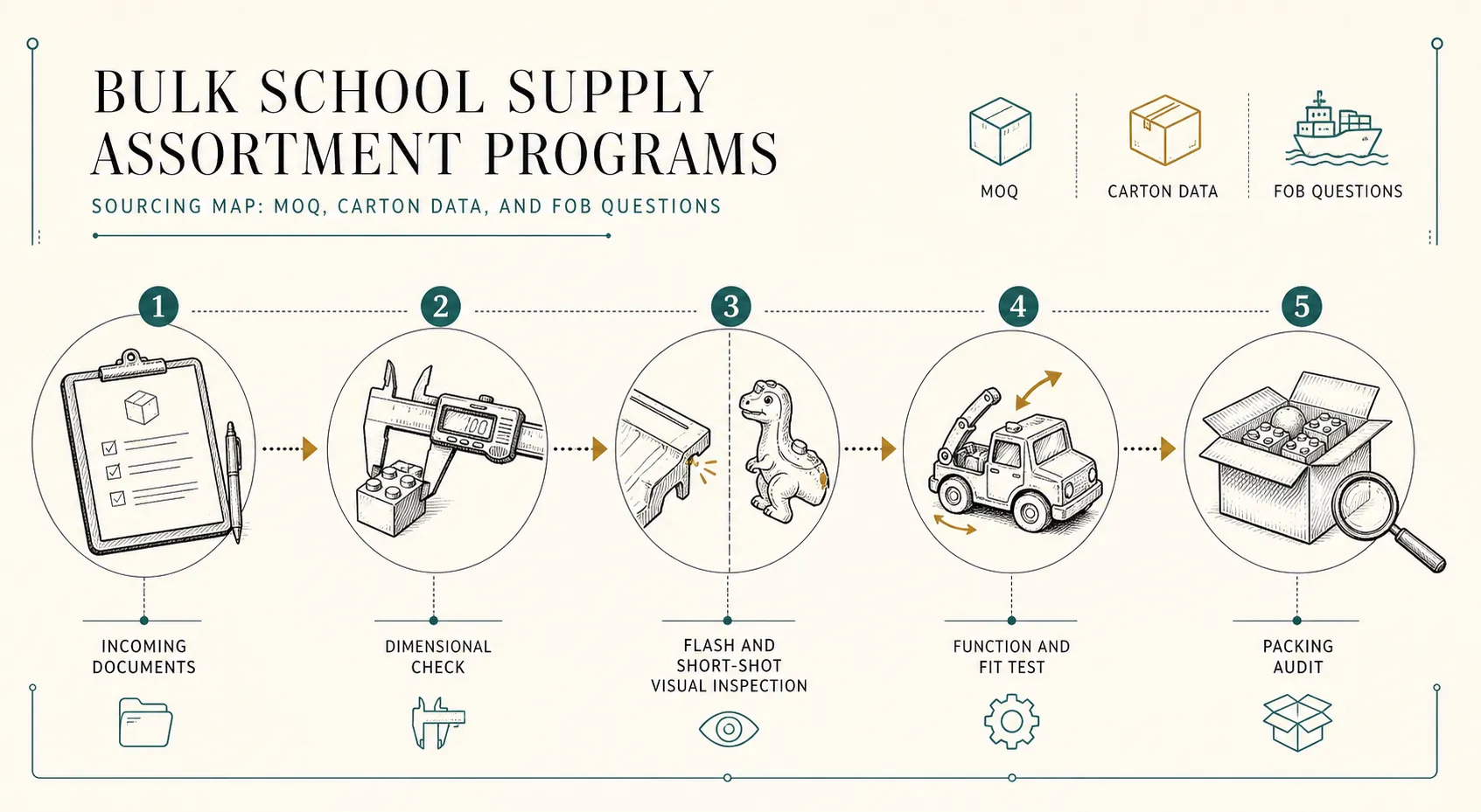 Explanatory diagram for Bulk school supply assortment programs sourcing map: MOQ, carton data and FOB qu