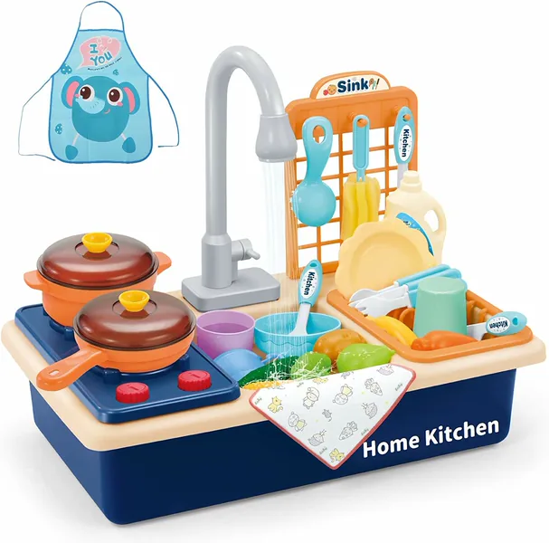 Kids Toddlers Kitchen Pretend Role Play Sink Toys with Running Water Electronic Dishwasher with Cooking Stove Accessories view 3