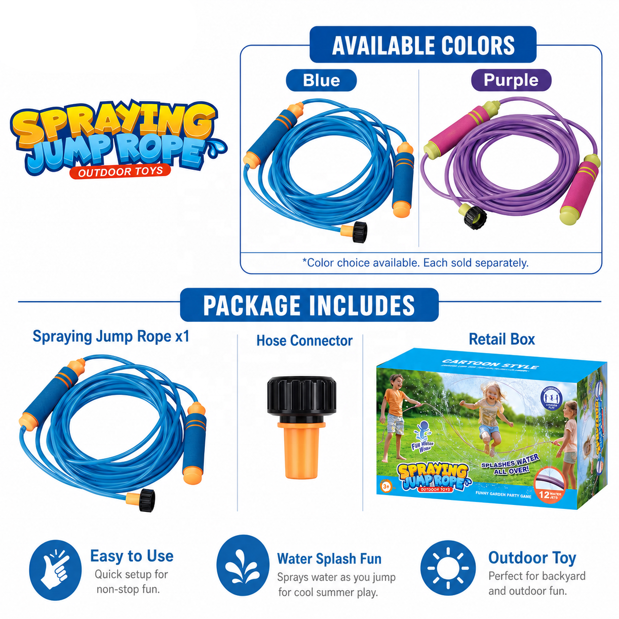 CPS349395 Jumping rope with water spray in purple, highlighting the vibrant color option for outdoor play.