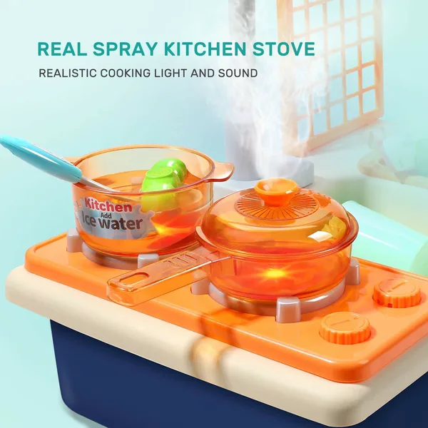 Kids Toddlers Kitchen Pretend Role Play Sink Toys with Running Water Electronic Dishwasher with Cooking Stove Accessories