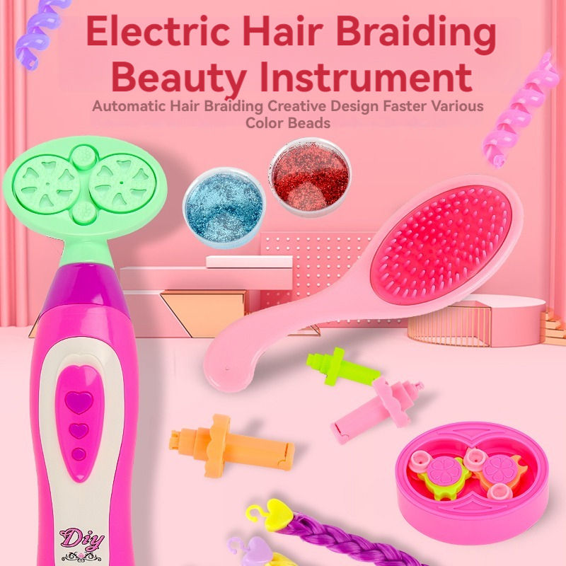 Beauty Makeup Set with Hair Designer Pretend Play Toy DIY Hair Tools for Girls Electric Hair Braider Tool Jewelry Toys