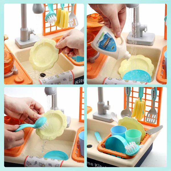 Kids Toddlers Kitchen Pretend Role Play Sink Toys with Running Water Electronic Dishwasher with Cooking Stove Accessories view 6
